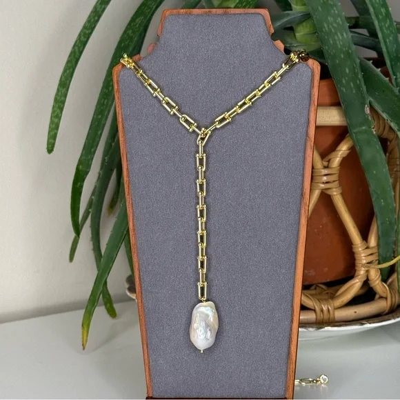 Vanessa Mooney Gold Bar Link Chain Baroque Pearl Lariat Necklace Statement - Picture 2 of 8